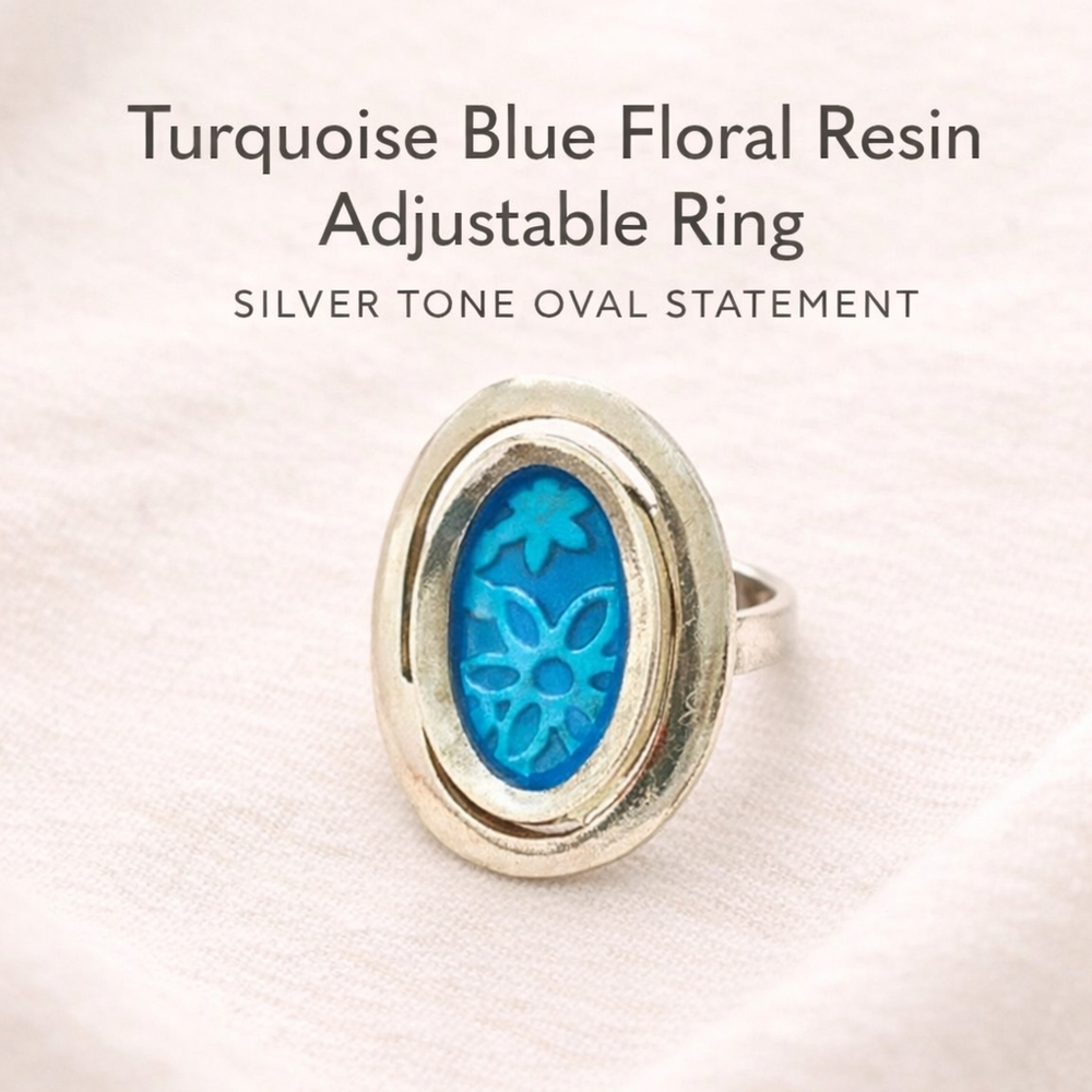Turquoise Blue Floral Resin Adjustable Ring – Silver Tone Oval Statement